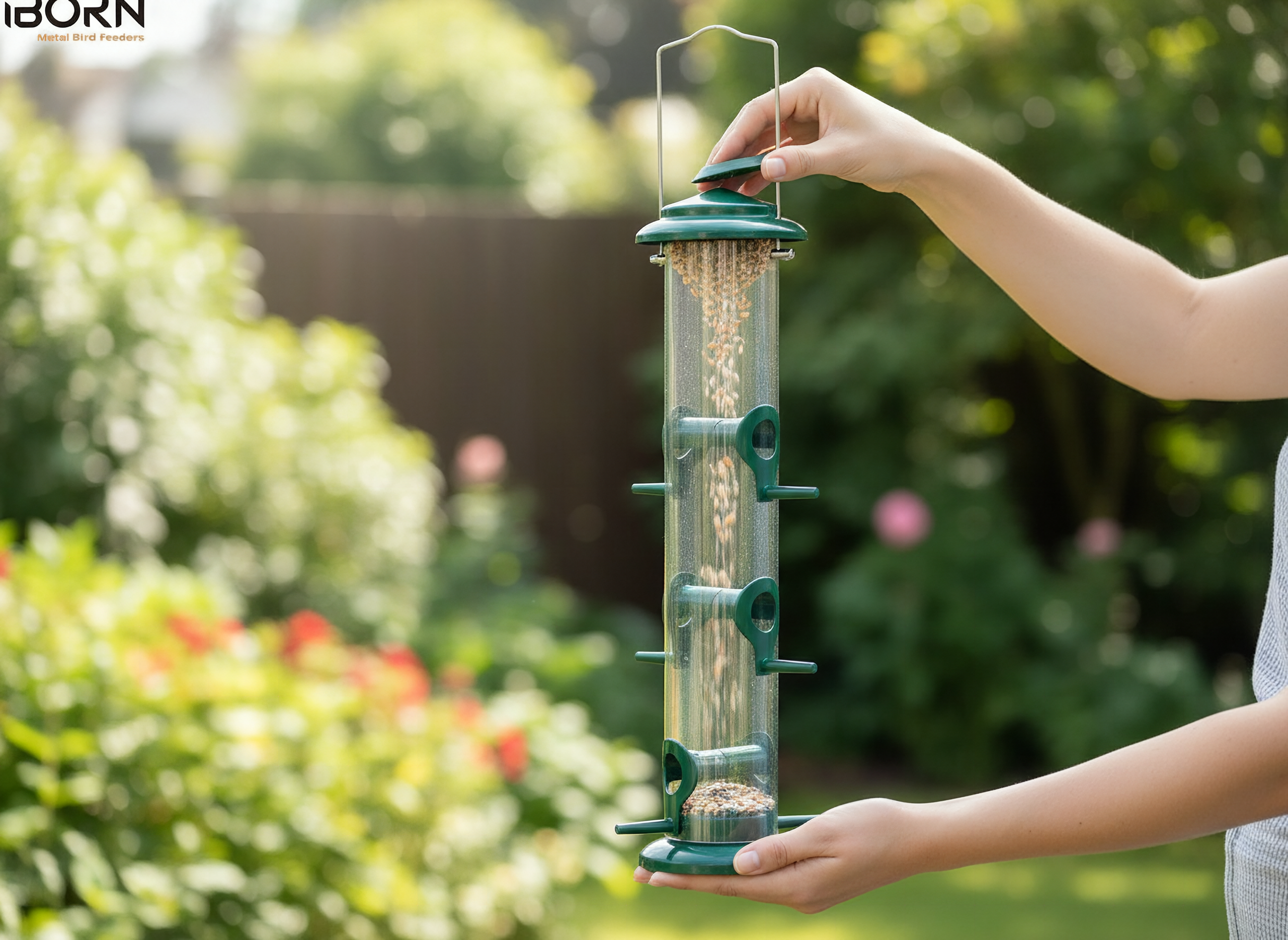 iBorn Metal Bird Feeders 6 Ports Hanging Wild Bird Seed Feeder for Mix Seed Blends, Seed Feeder, Sunflower Heart, Birdba