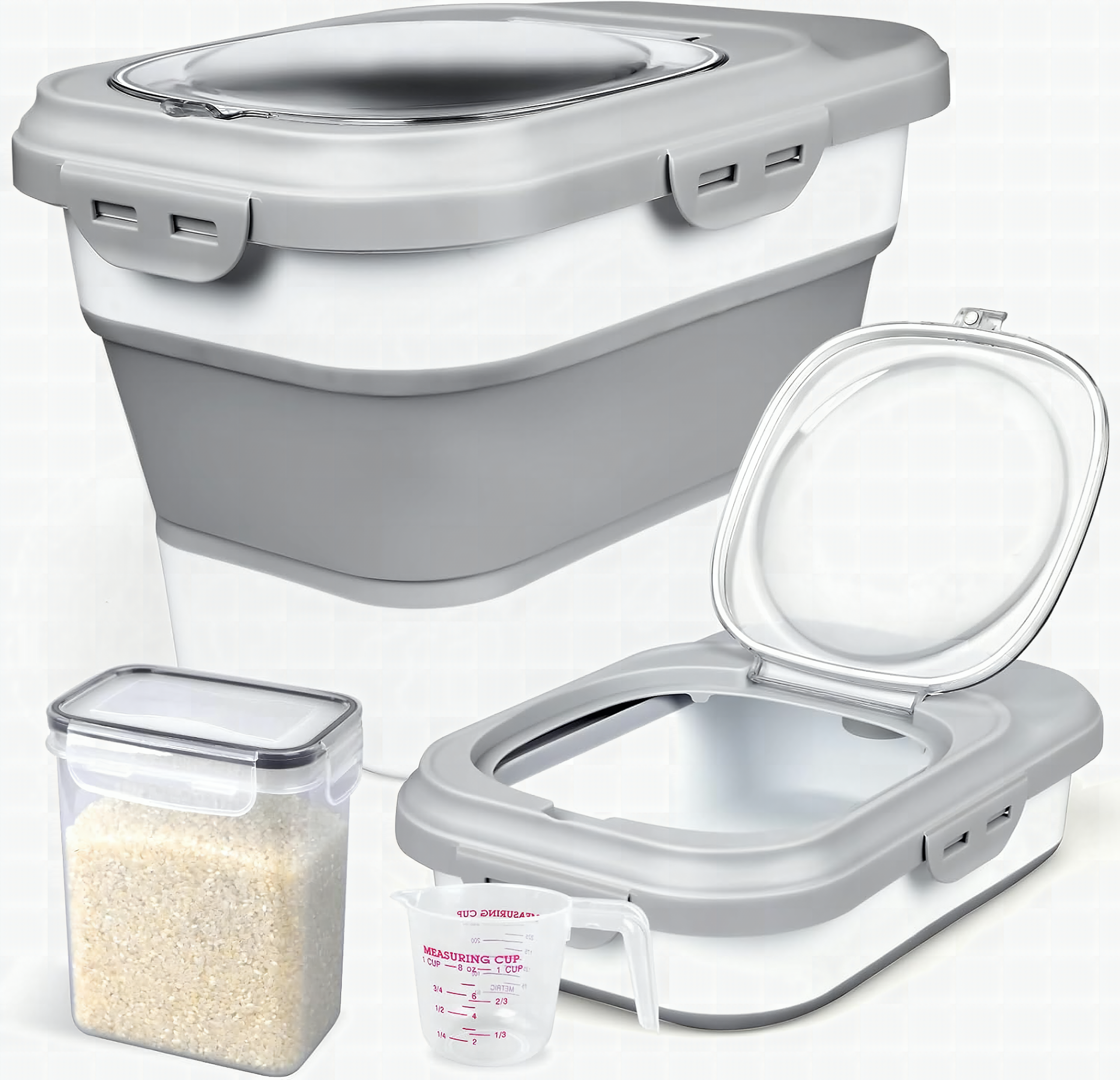 Komzon Rice Storage Container, Collapsible Airtight Food Storage Containers 6-20 Lbs, Rice Dispenser with Measuring Cup
