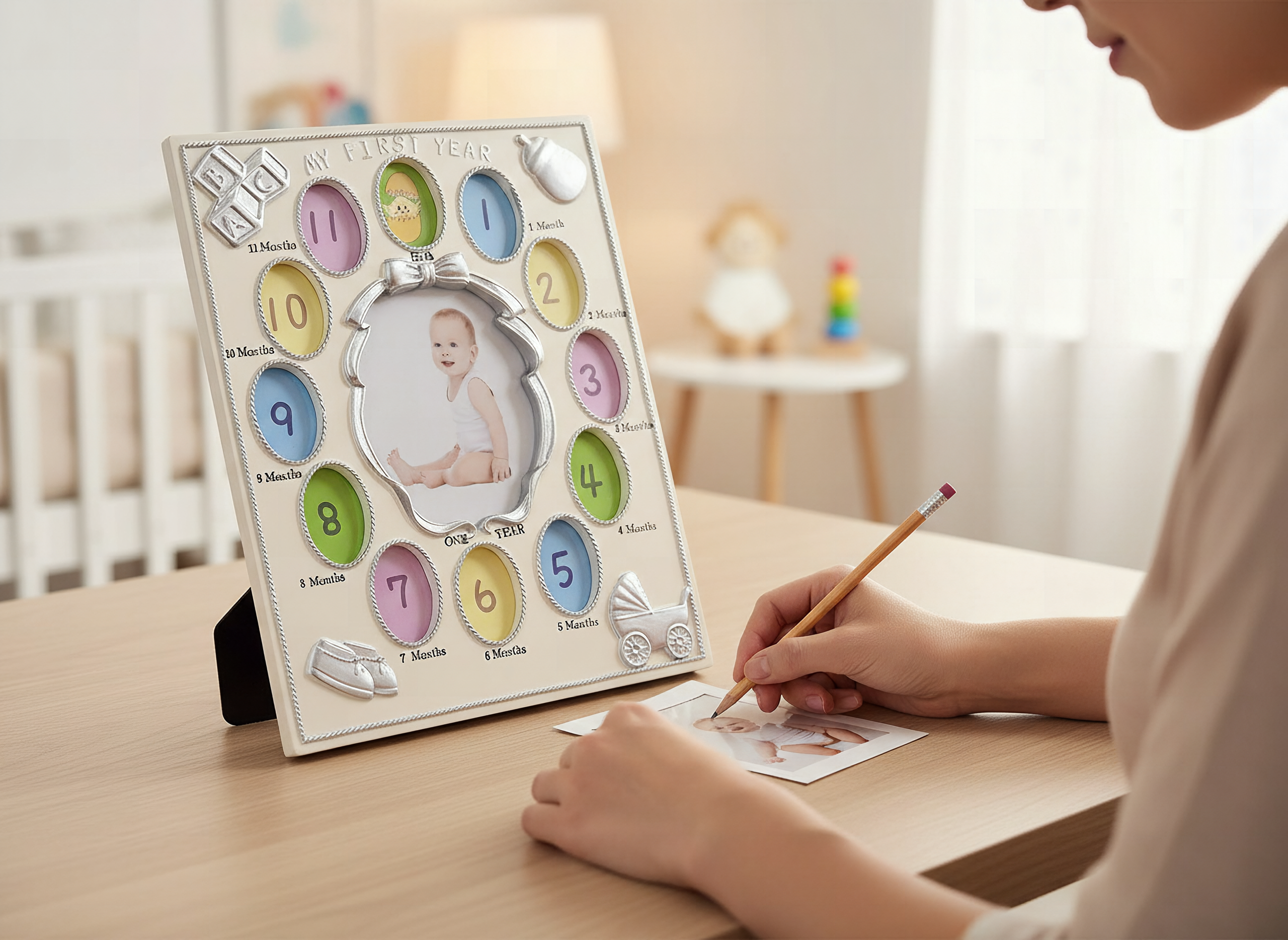 My First Year Baby Photo Frame - 12 Monthly Slots in White: A woman holding a white My First Year baby photo frame with