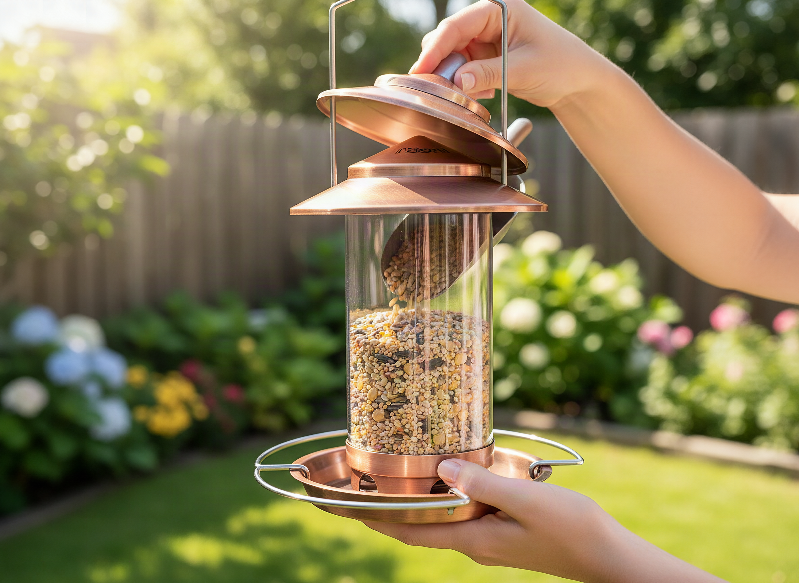 Bird feeders for Outdoors Metal Chew Resistant Copper-Plating, 1PK | Metal Roof, Metal Tray, Fixed Hanger, Flip-Top Fill