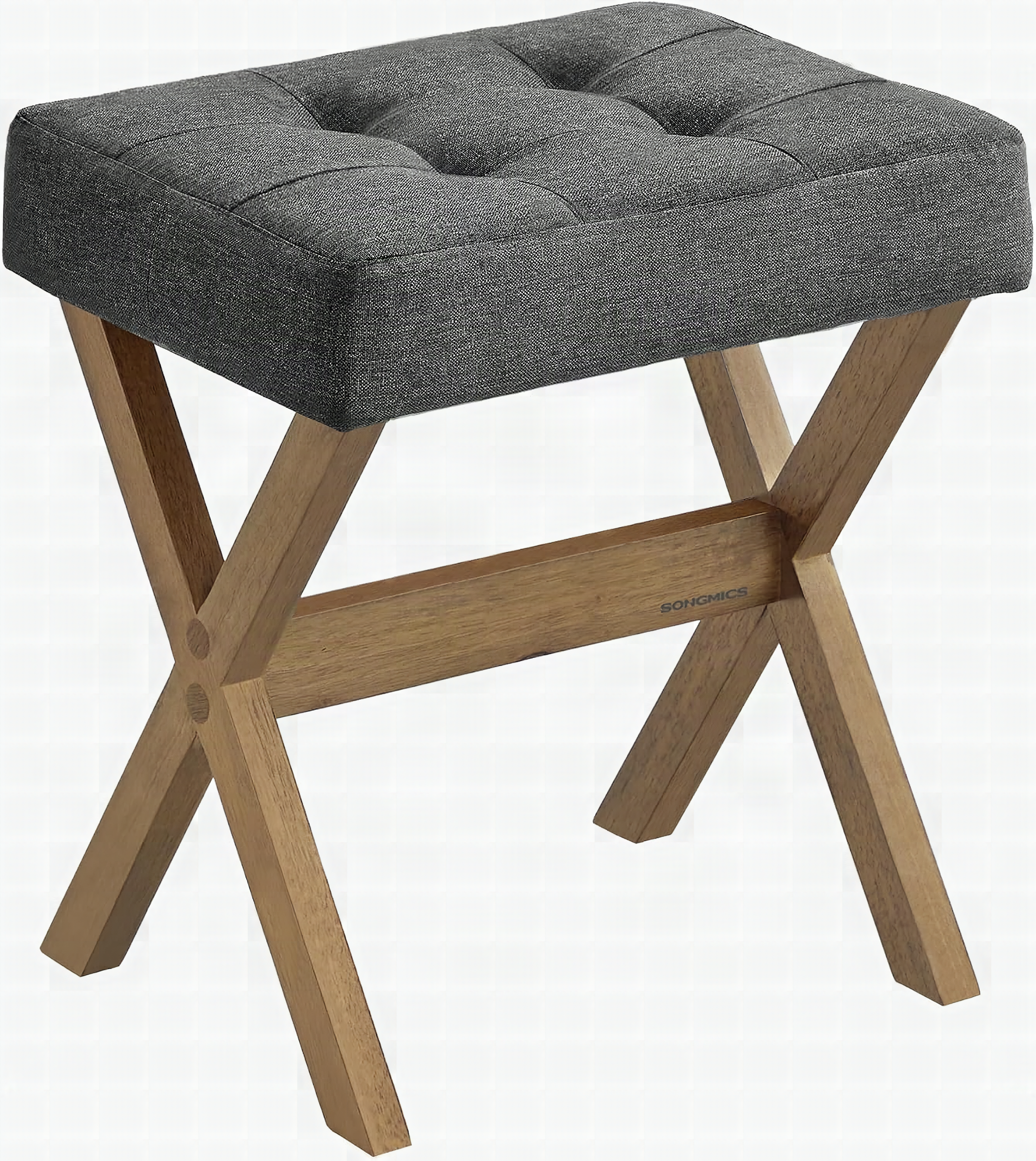 SONGMICS Makeup Stool, Padded Vanity Foot Rest, Solid Wood X Legs: A woman sitting on a beige padded makeup stool with w