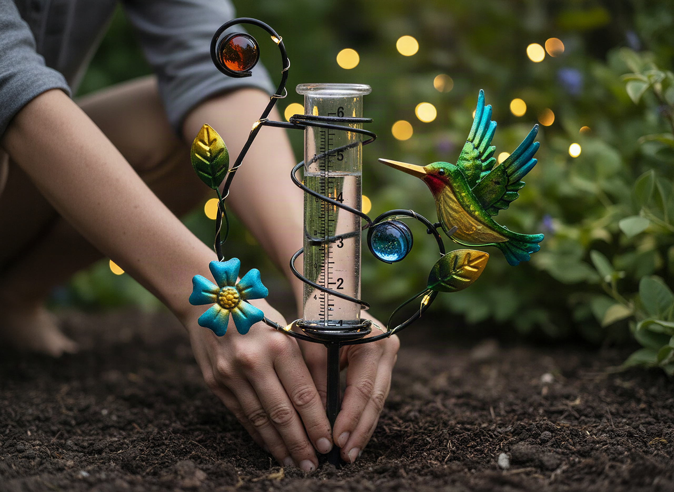 Stargarden Hummingbird Rain Gauge Outdoor Solar LED Lights Rain Gauge | Decorative Rain Gauge with Glass Tube, for Yard