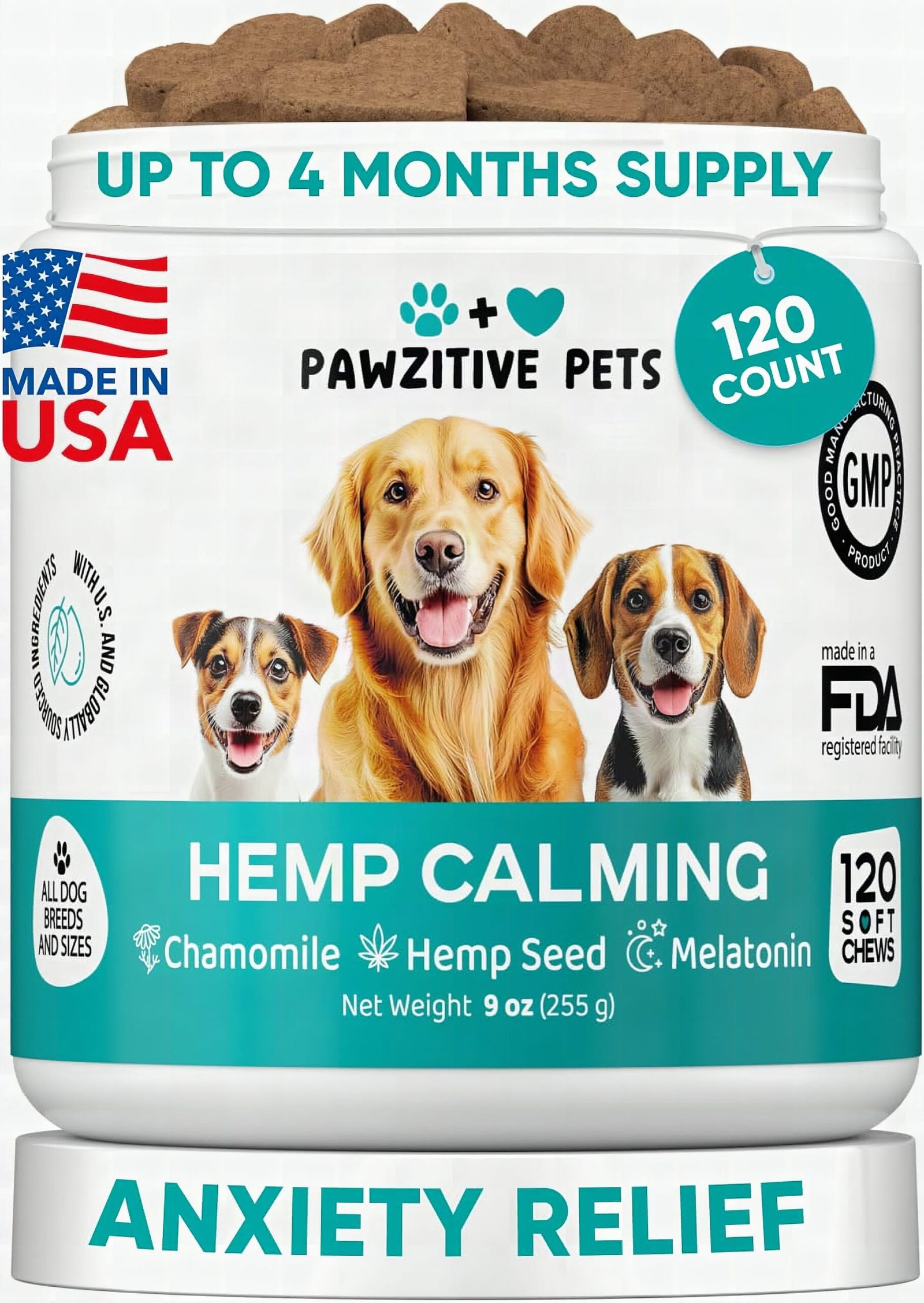 Macro close-up of hemp calming chews showing individual soft treat texture and golden-brown color