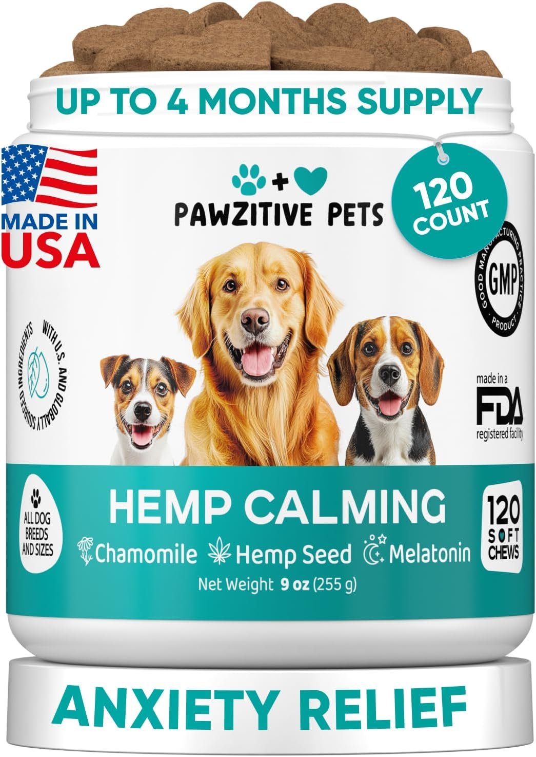 Hemp calming chews displayed in and around a ceramic pet bowl on a kitchen floor in natural daylight