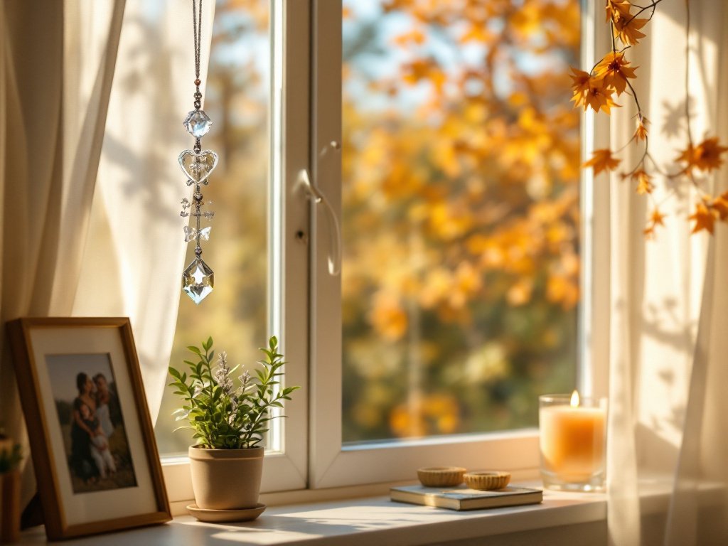 Dog memorial crystal suncatcher displayed on a home shelf near a window with candle and framed photo