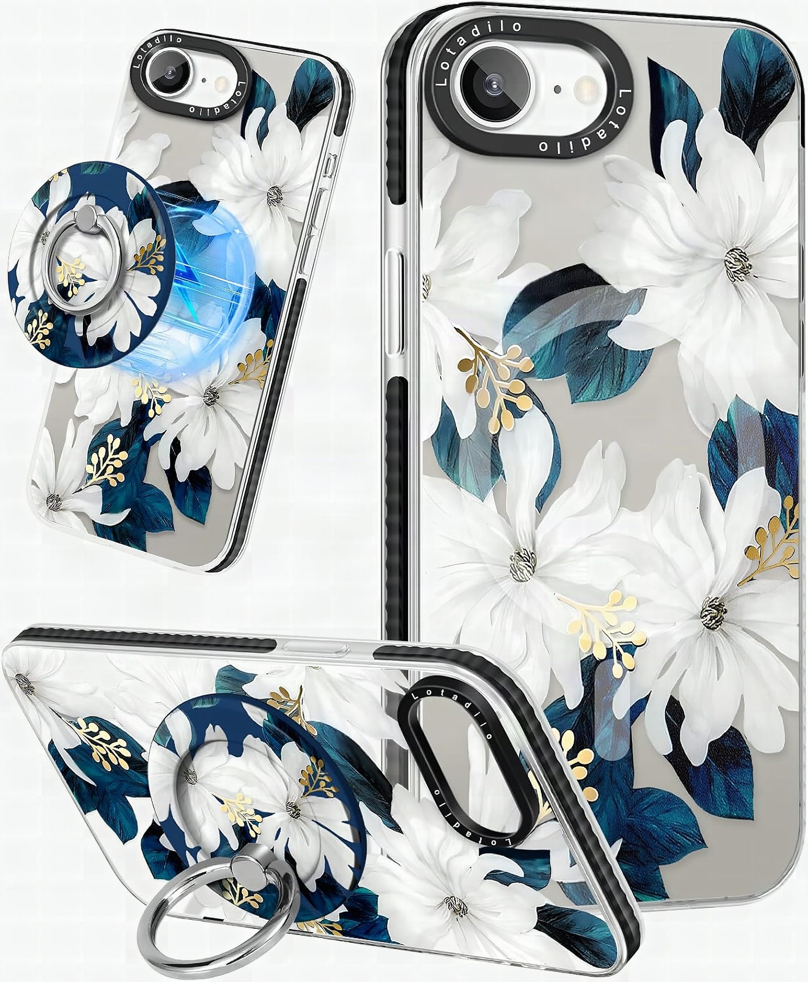 Macro close-up of blue flower design on Lotadilo iPhone 16 Pro Max case showing petal texture detail