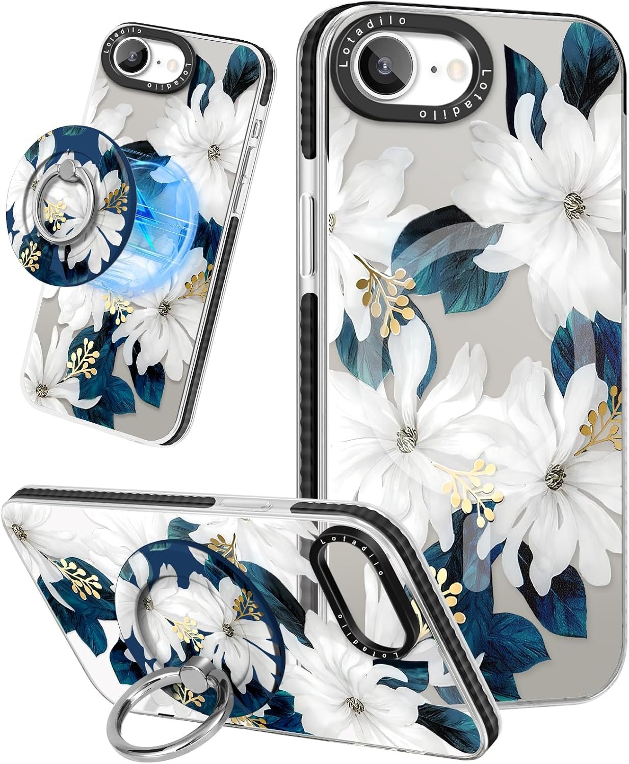 Lotadilo iPhone 16 Pro Max case with stand propped on marble nightstand in bedroom setting with plant and lamp