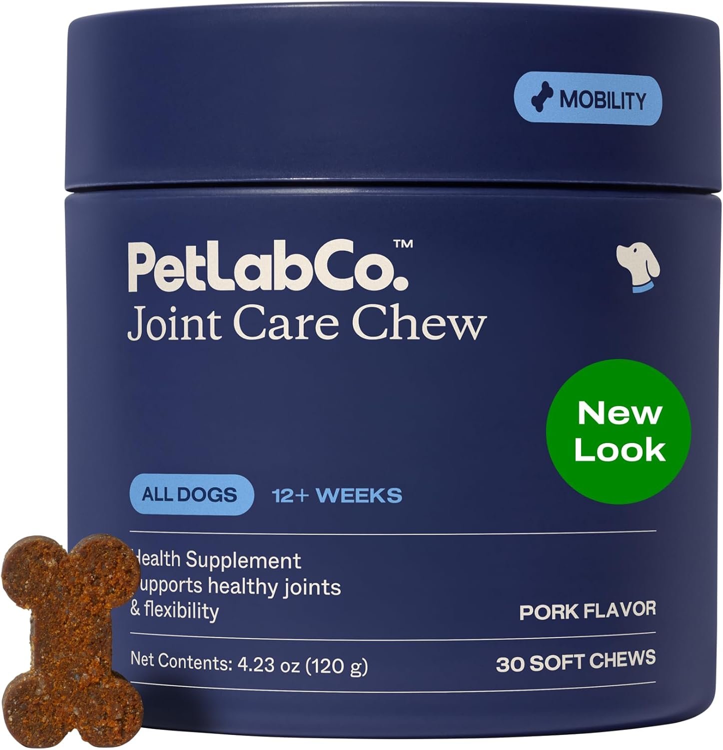 Jar of PetLab Co. Joint Care Chews on a kitchen counter near a dog's feeding area with natural morning light