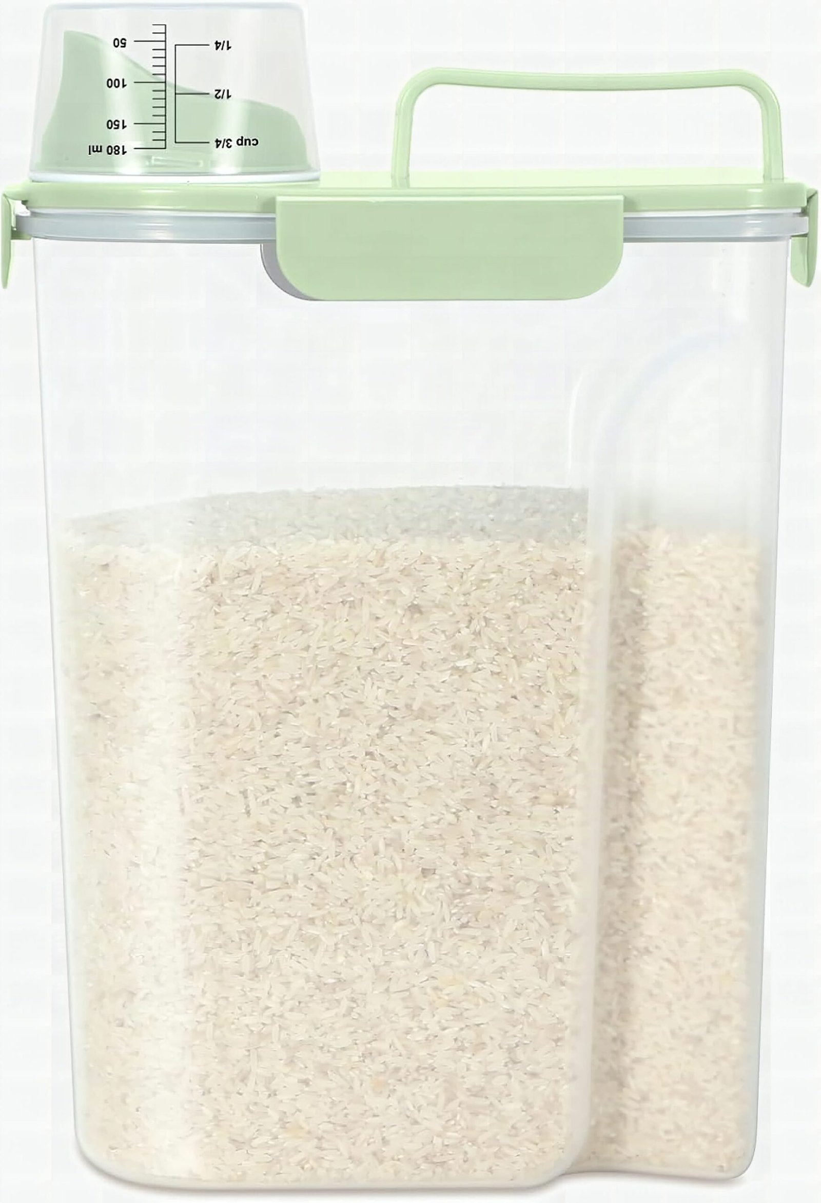 Close-up of TBMax rice container's light green lid and precision pour spout in sharp detail