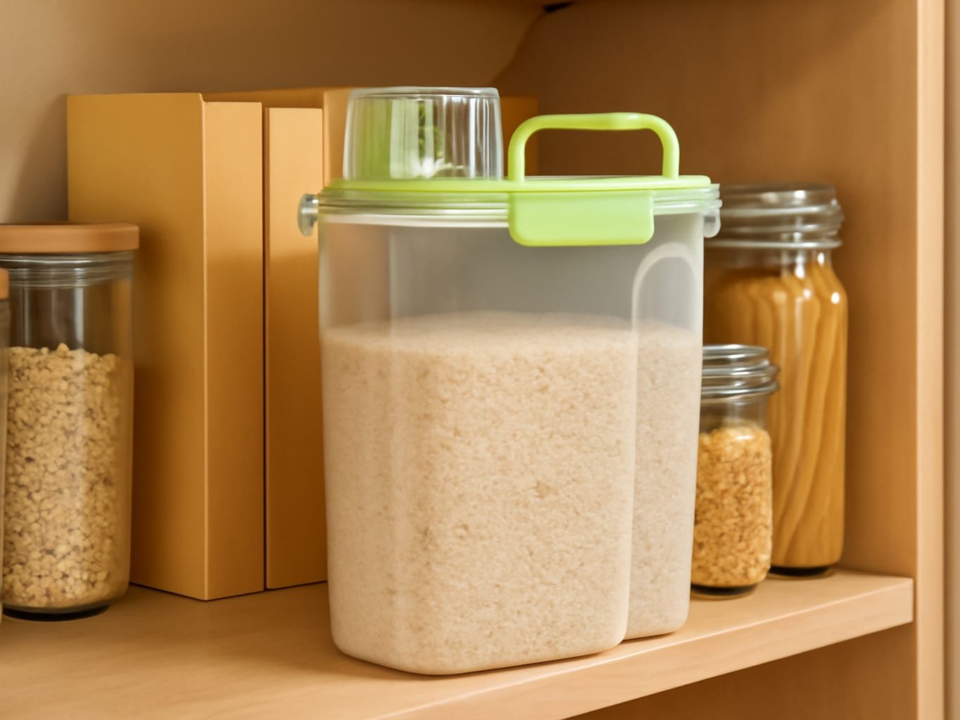 TBMax rice container positioned on a pantry shelf among other kitchen storage containers and food items