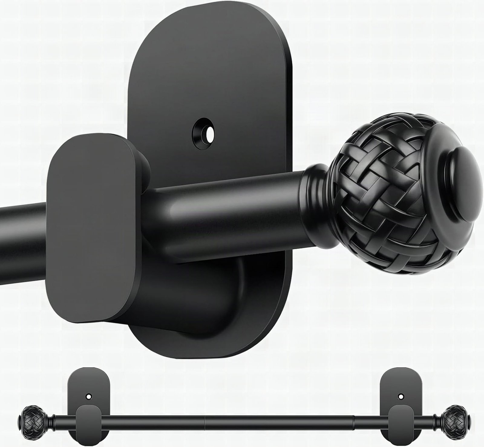 Macro close-up of TONIAL curtain rod bracket mechanism showing black metal adjustable components