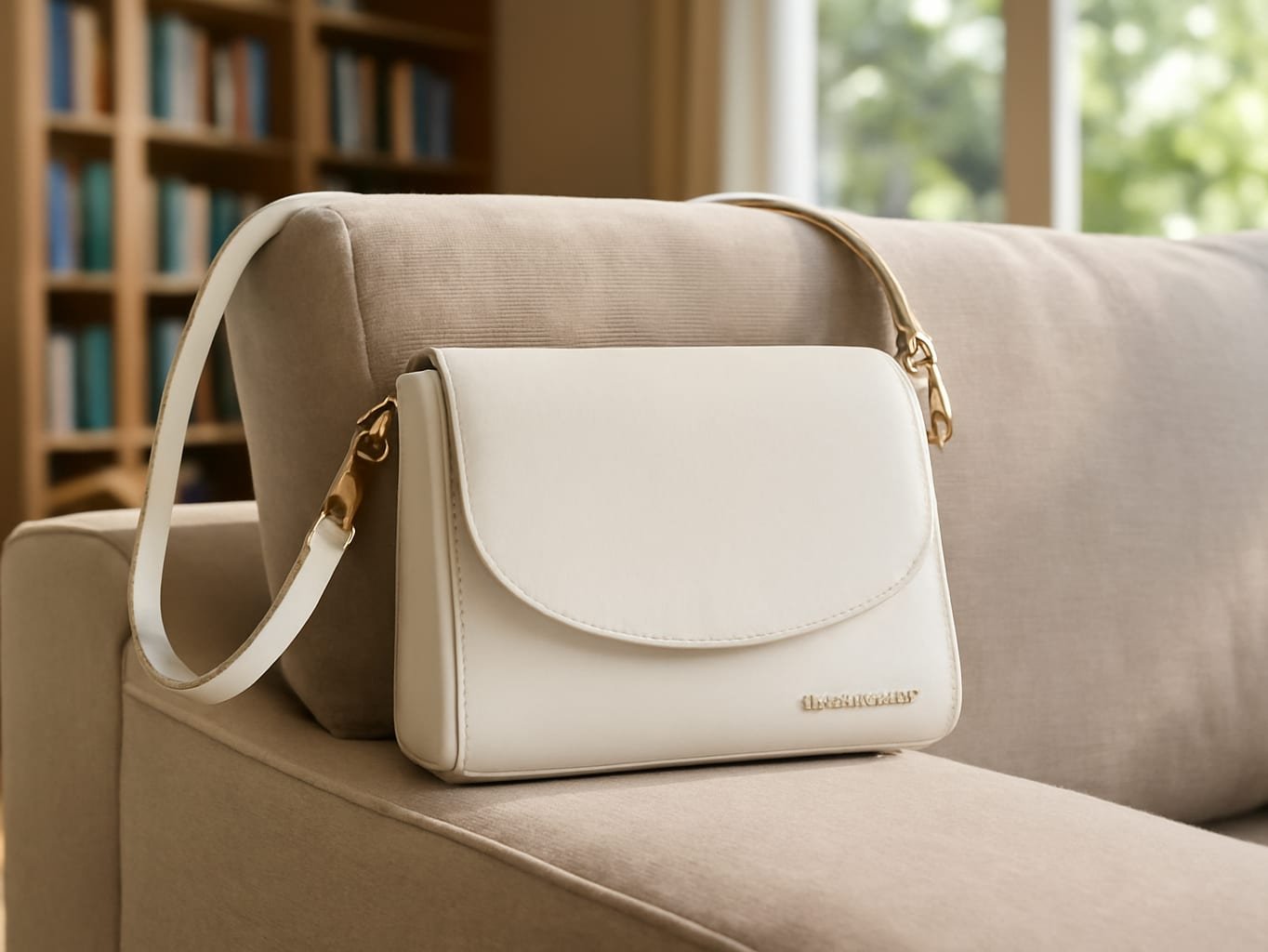 Baroncelli crossbody bag casually placed on a cream linen chair in a bright home interior