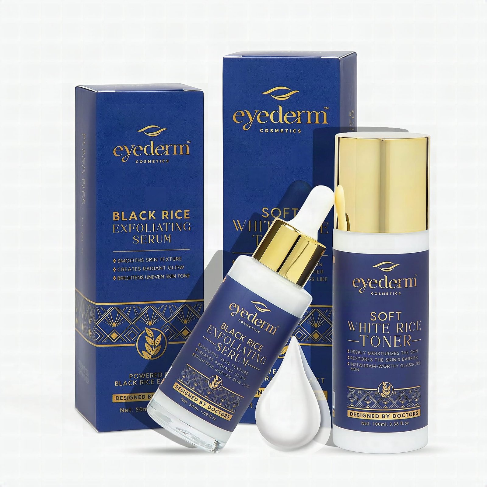 Eyederm Rice Renewal serum bottle in macro close-up on black marble with golden backlighting