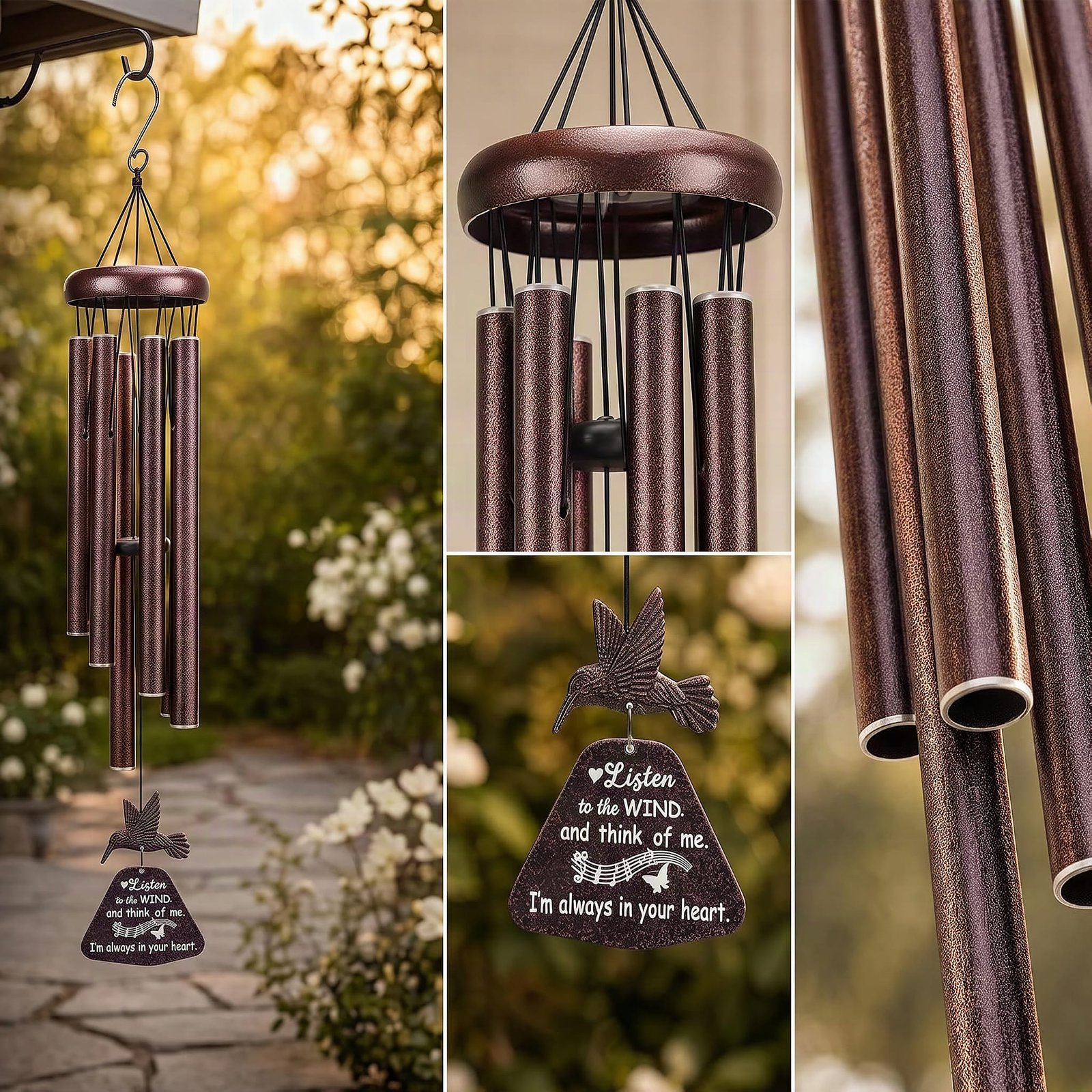 Close-up of StellaRose hummingbird wind chime's brown metal hummingbird and chime tubes in sharp detail