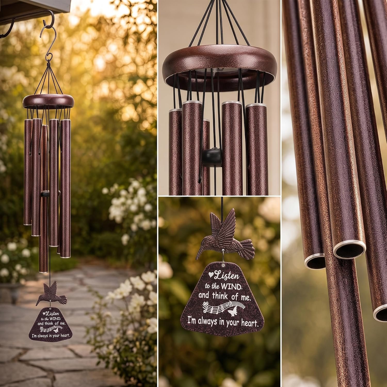 StellaRose memorial wind chime hanging on a sunlit porch with garden trees visible in background