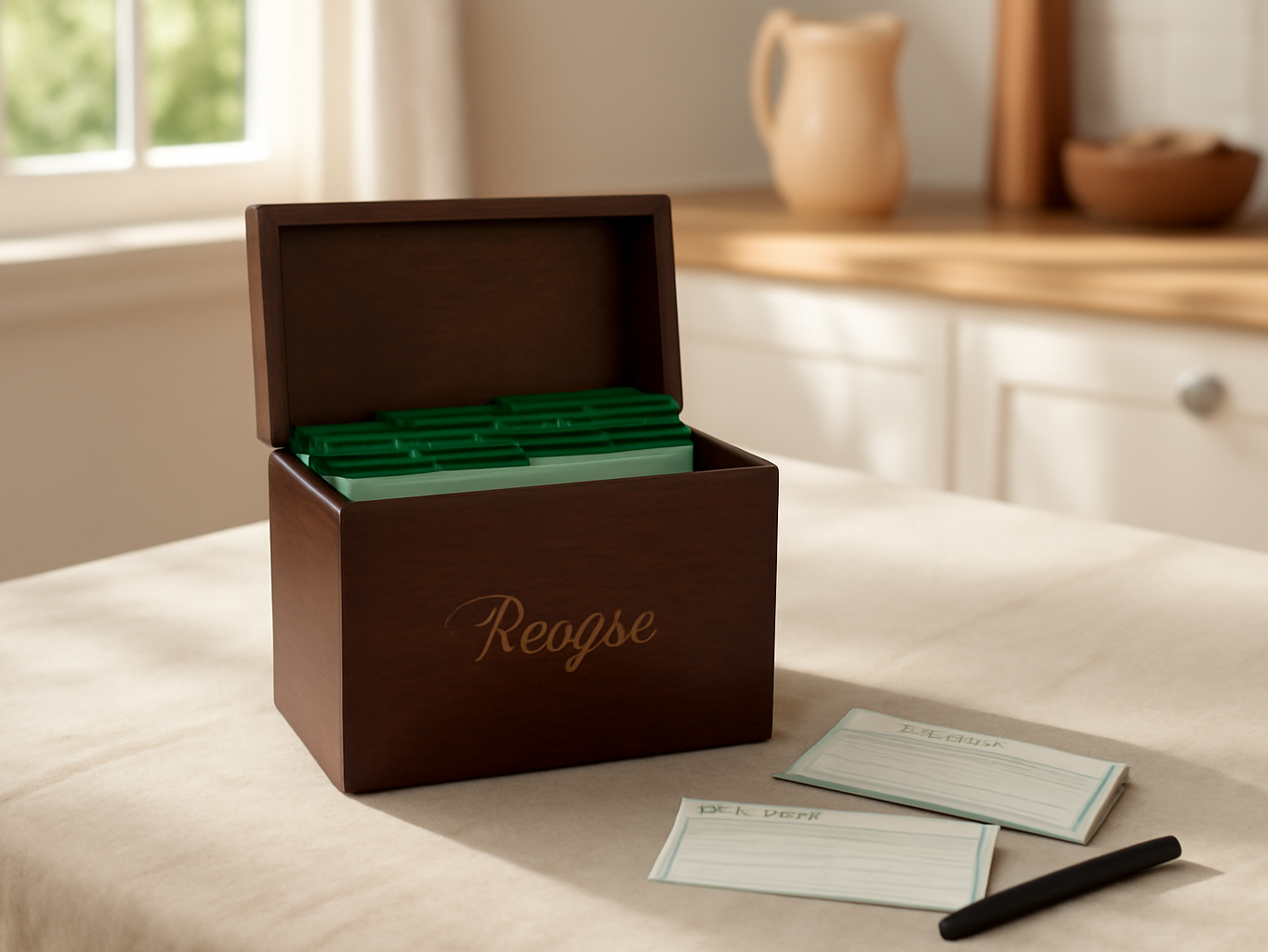 Open wooden recipe box with dividers on a kitchen table surrounded by recipe cards and natural daylight