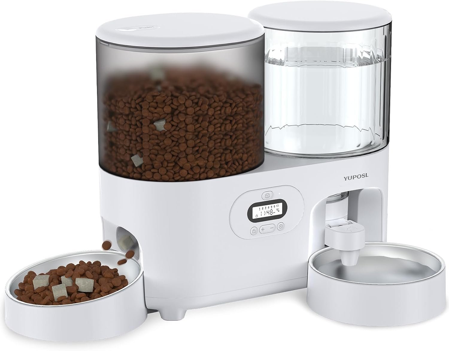 Yuposl automatic cat feeder set up in a kitchen corner next to a food bowl and toy on tile flooring